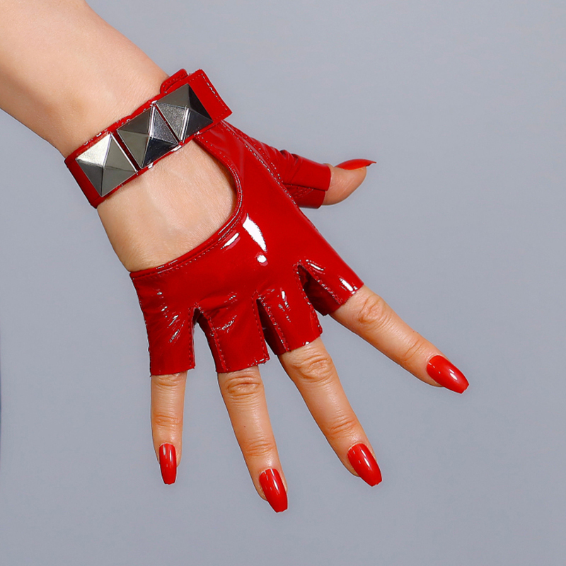 

Five Fingers Gloves 100% REAL PATENT LEATHER Fingerless Short Red Silver Studs Half Finger Women Semi-Finger WZP33