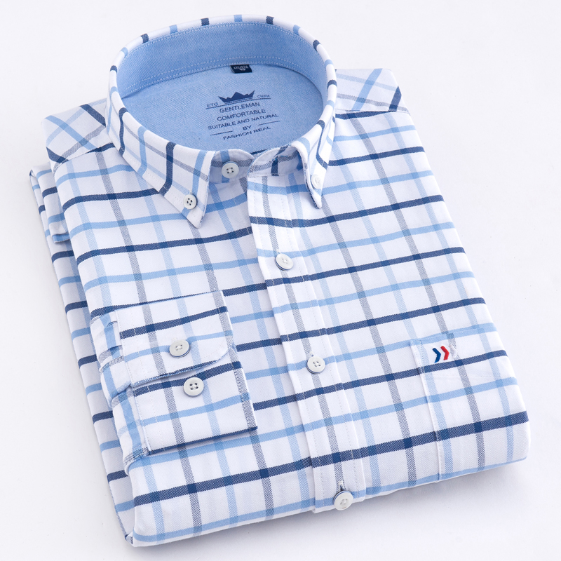 

Men's Oxford Cotton Plaid Checkered Casual Shirt Front Patch Chest Pocket Back Pleat Long Sleeve Thick Button-down Stripe Shirts, 201806-05