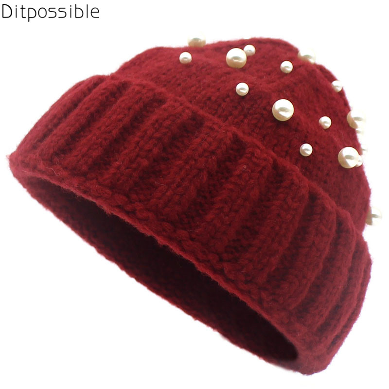 

Ditpossible new fashion pearl knitted beanies women winter hats gorro short touca beanie caps skullies girls hat, Grey