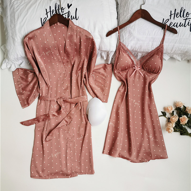 

Pink Dot Print Sweet Bow Sleepwear Sexy Lady V-neck Lace Backless Nightgown With Belt Kimono Bathrobe Gown Loose Satin Sleepwear, Black