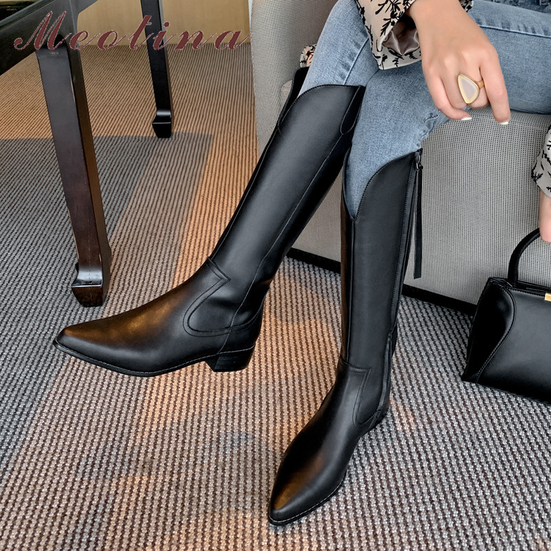 

Meotina Western Boots Women Shoes Real Leather Mid Heel Knee-High Boots Pointed Toe Zip Chunky Heels Long Autumn Winter, Black synthetic lin