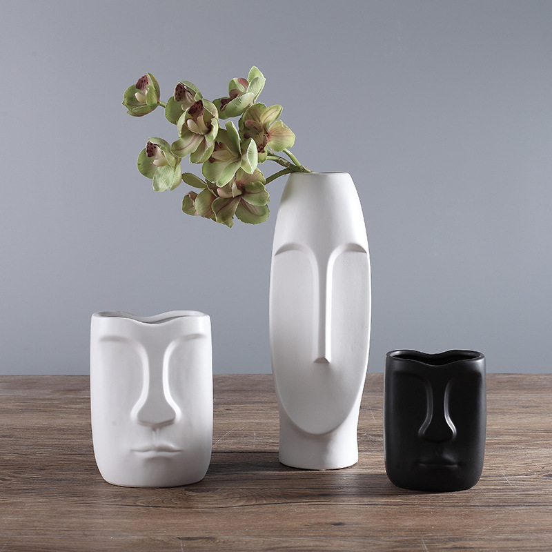 

Nordic Minimalist Ceramic Abstract Vase Black and White Human Face Creative Display Room Decorative Figue Head Shape Vase