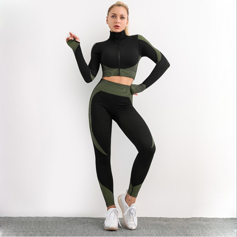 

Women Sexy Sports Suits Seamless Yoga Set Long Sleeve Shirt Sport Leggings Workout Sportswear gym fitness Outfits, Green