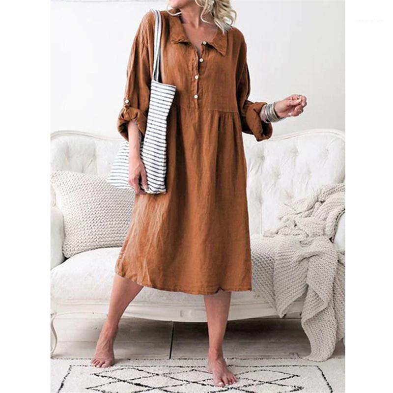 

Casual Dresses Fashion Buttons Panelled Lapel Neck Womens Designer Shirt Dresses Casual Females Clothing Solid Color Womens, Khaki