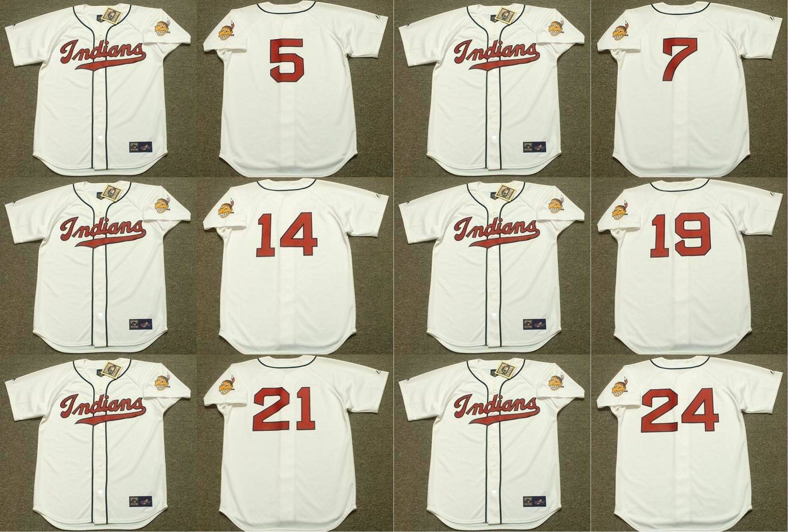 

Cleveland 24 EARLY WYNN 14 LARRY DOBY 19 BOB FELLER 7 AL ROSEN 5 LOU BOUDREAU 21 BOB LEMON 29 SATCHEL PAIGE baseball jersey stitched