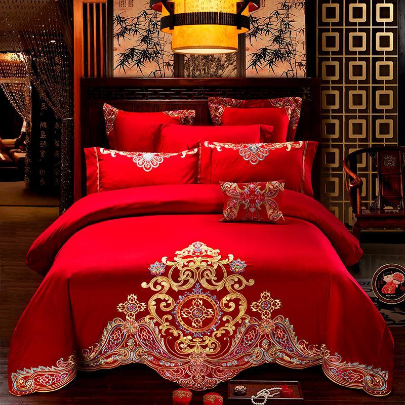 

J2 Egyptian Cotton Luxury Red Chinese Wedding Bedding set King Queen size Embroidery Bed set Duvet cover Bed sheet, Bedding set 4