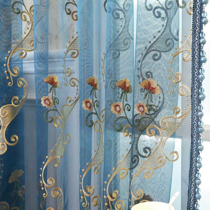 

Blue luxury embroidery tulle Curtains for living room bedroom window gold floral curtain sheers home decor, Tulle without beads