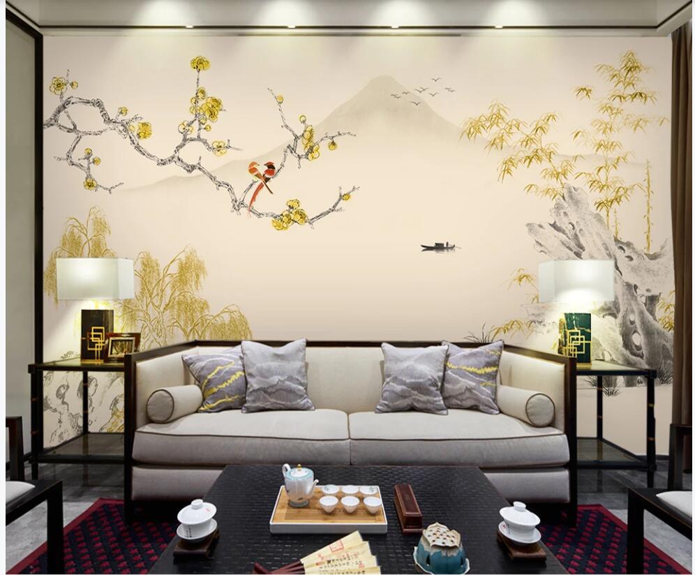 

3d photo wallpaper custom mural on the wall Chinese style plum blossom bamboo landscape living room home decor wallpaper for walls in rolls, Non-woven wallpaper