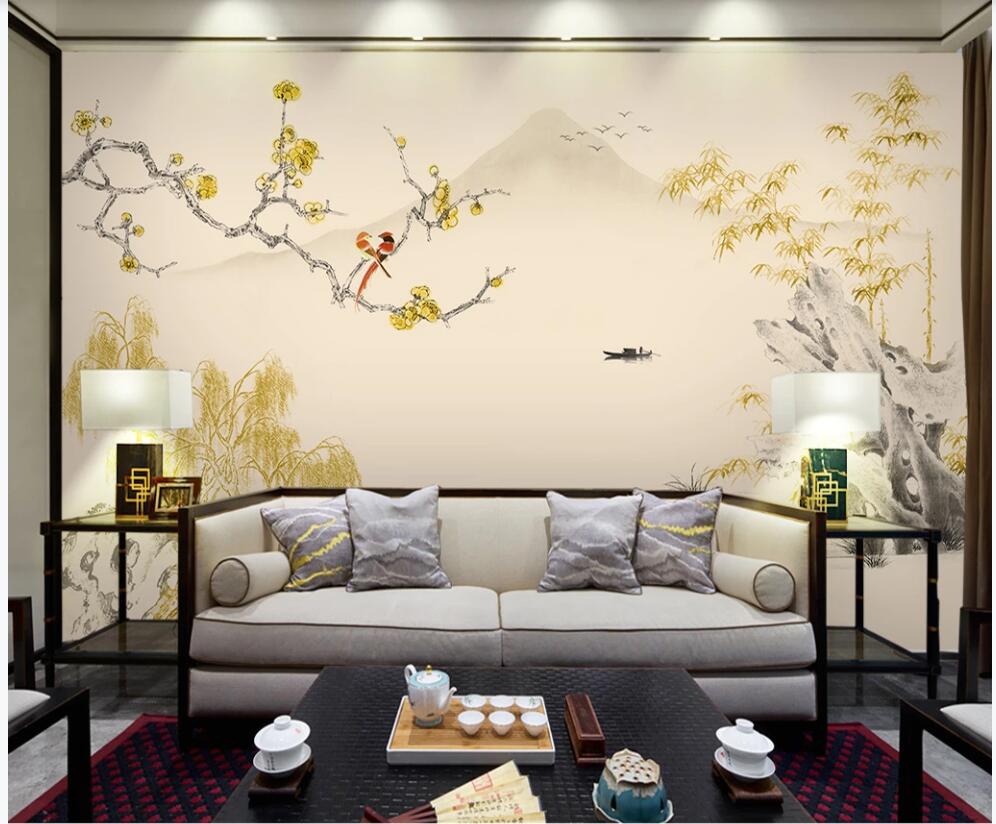 

3d photo wallpaper custom mural on the wall Chinese style plum blossom bamboo landscape living room home decor wallpaper for walls in rolls, Non-woven wallpaper