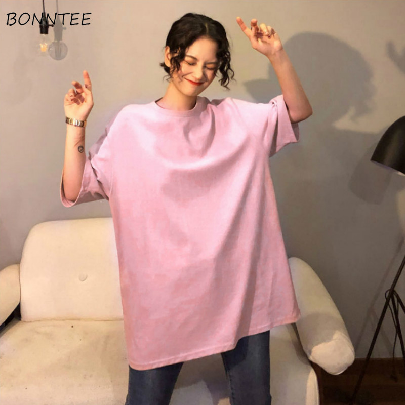 

T-shirts Women Korean Style Ins Loose Fashion Cotton All-match Womens Clothing Summer Simple Short Sleeve High Quality Solid BF, Pink