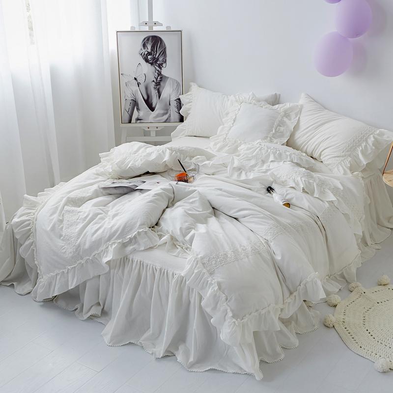 

J3 Bedskirt Bedding Set Purple Grey Chic Ruffled Shabby Washed Cotton Duvet Cover Girls  Queen King size J/7Pcs, White