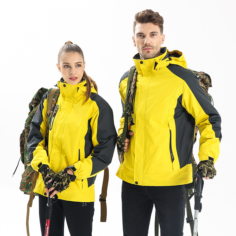 

Winter Windproof Warm Softshell Jacket Men Outdoor Thin Fleece Or Plus Fleece Removable Liner Jacket Two-Piece Windbreaker Women, C- yellow