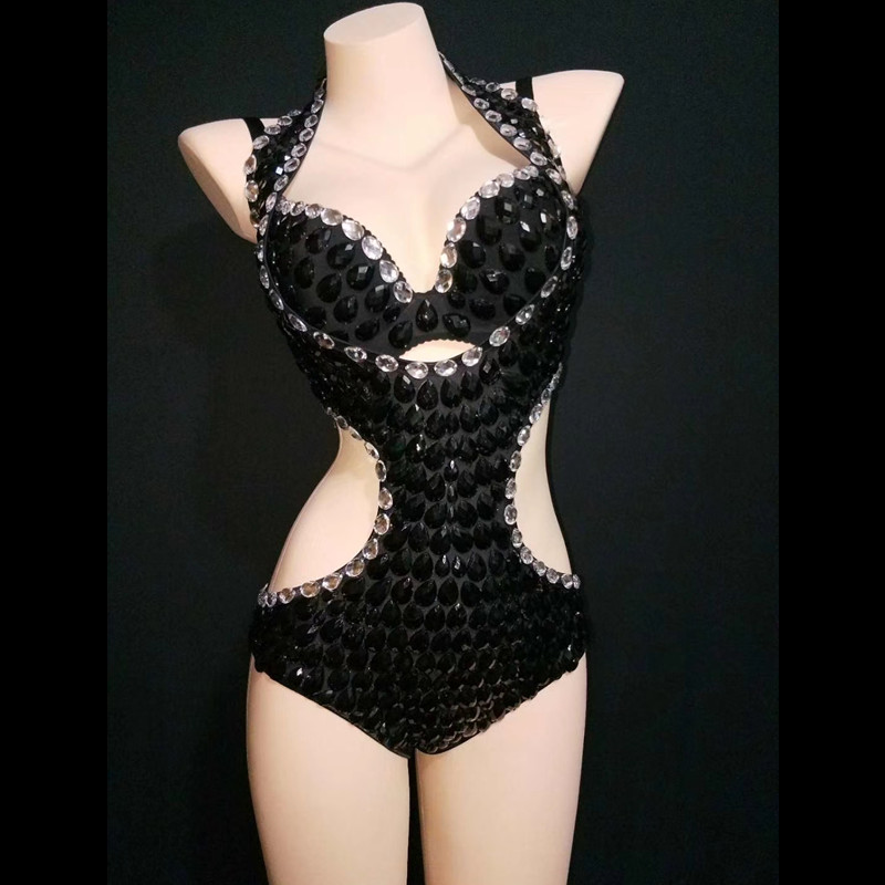 

Unique Sexy Women' Rhinestone Bra with Hollow Out Halter Bodysuits Pool Party Female Fashion Slim Clothes Women Pole Dance Wear, Black