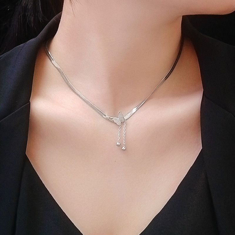 

Rose Gold plated stainless steel butterfly tassel necklace women jewelry on the neck, snake chain choker necklaces accessories