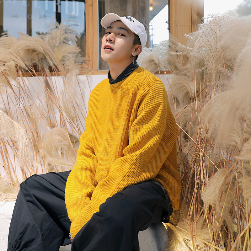 

2020 Winter Men's Solid Color Coats Ound Neck Long Sleeve In Warm Knitting Cashmere Pullover Casual Brand Male Woolen Sweater, Black