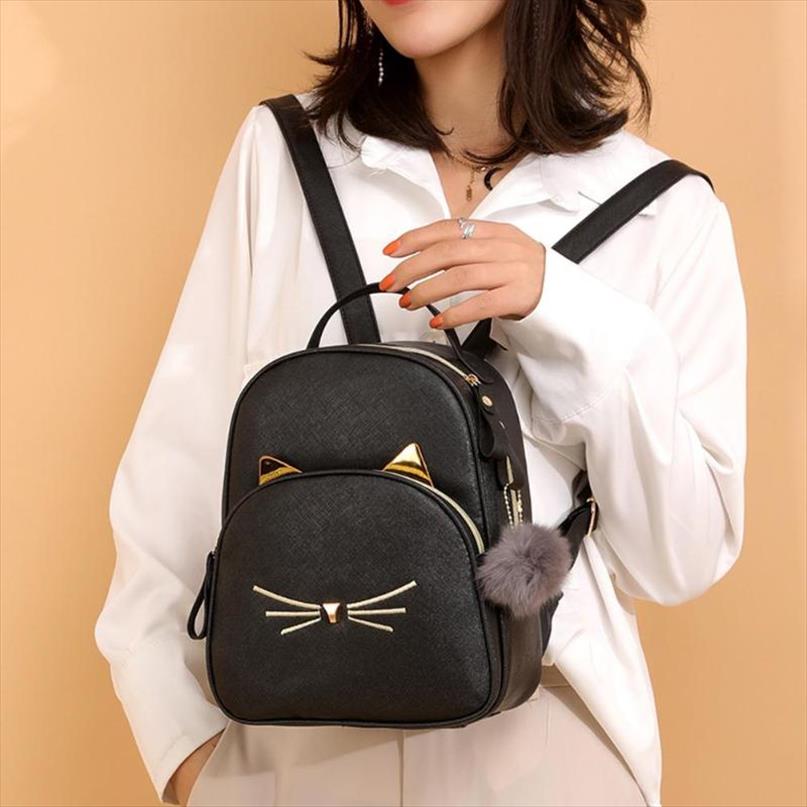 

Women Rucksack Teenagers Backpack PU Leather School Bags for Girls Cartoon Cat Square Satchel Light Shoulder Bag Mochila Mujer, Gray