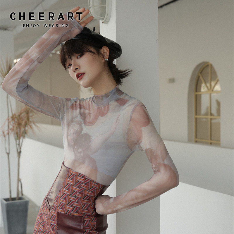 

CHEERART Sheer T Shirt Women Turtle Neck Mesh Top Painting Print Long Sleeve Tee Shirt Femme Body Tight Underwear Fall Clothes, As pic
