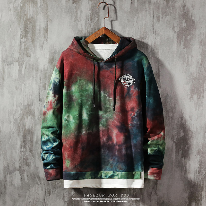 

Men's Streetwear Hoodies 2020 Autumn 100% CottonTie Dye Patchwork Harajuku Japan Style Hip Hop Red Hoodie Men Sweatshirt Male, Black