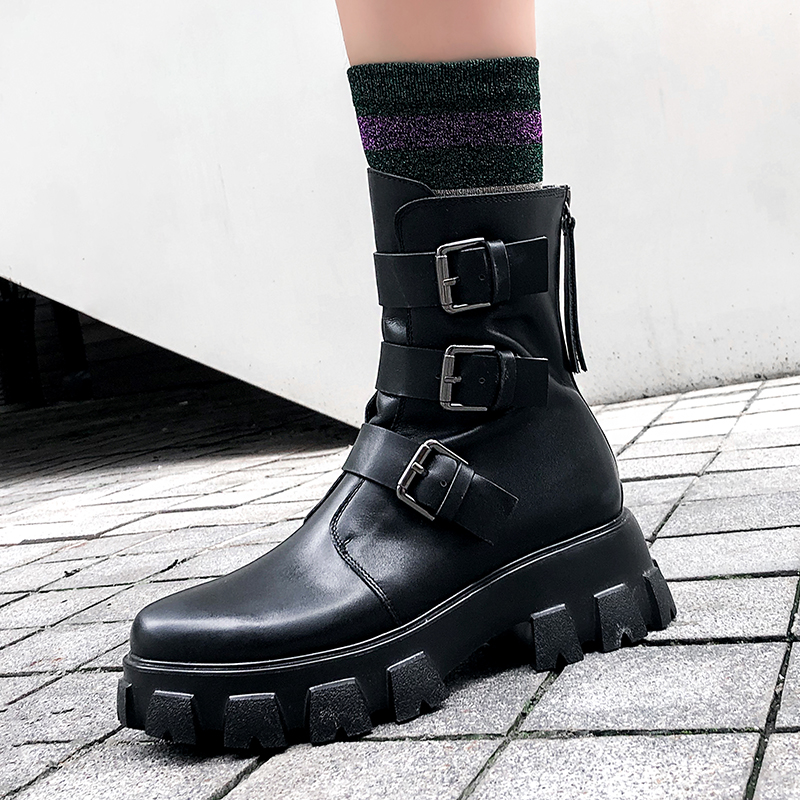 

Black high-heeled platform women's boots leather sponge cake bottom pin buckle fashion casual boots and calf, Black matte