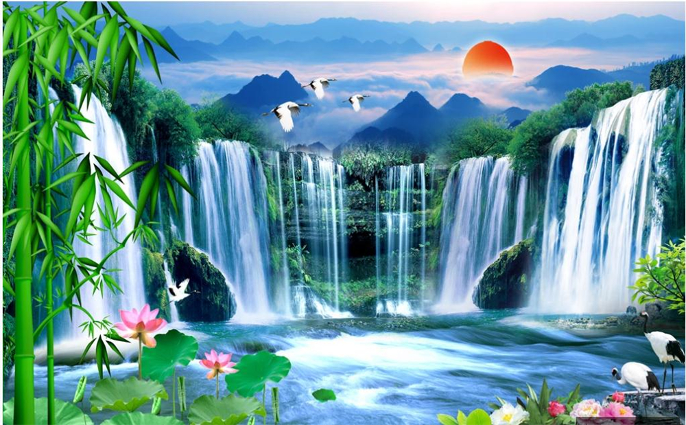 

3d murals wallpaper for living room waterfall bamboo lotus landscape painting natural scenery wallpapers background wall, Green