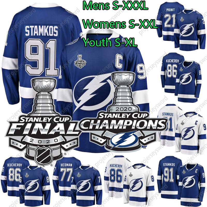 

Tampa Bay Lightning 2020 Stanley Cup Champion Brayden Point Steven Stamkos Nikita Kucherov Victor Hedman Mens Womens Youth Hockey Jerseys, Mens 77 blue