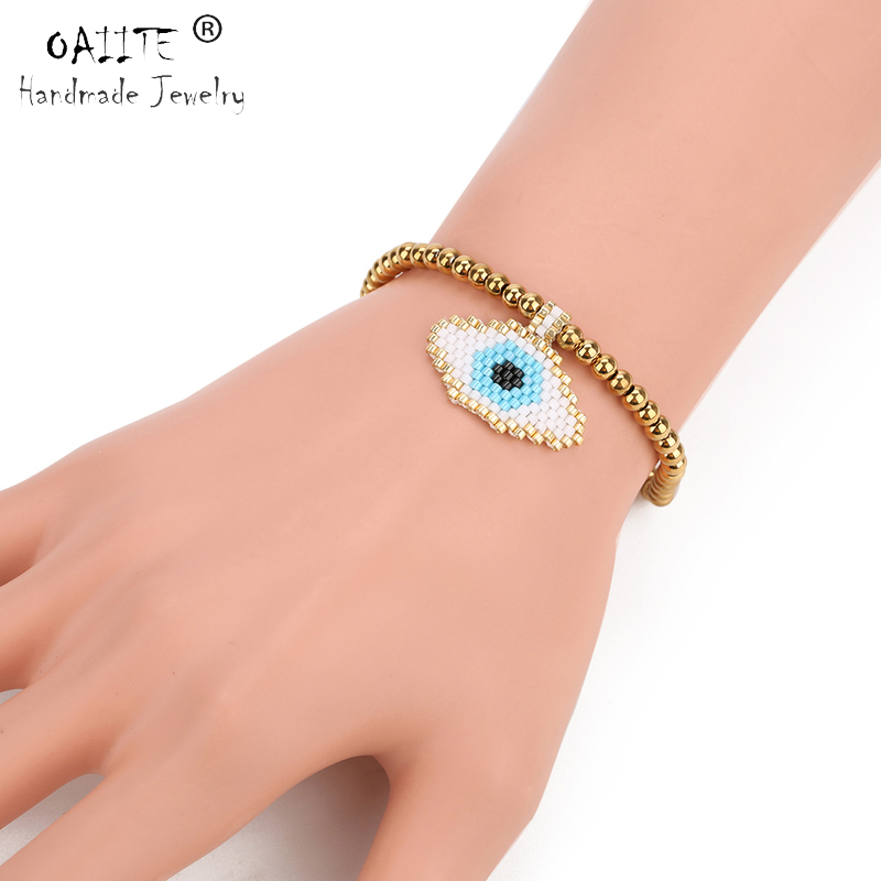 

OAIITE Evil Eye Delicas Bracelet For Women Gold Metal Beads Chain Bracelet Handmade MIYUKI Seed Bead Jewelry Turkey Eye