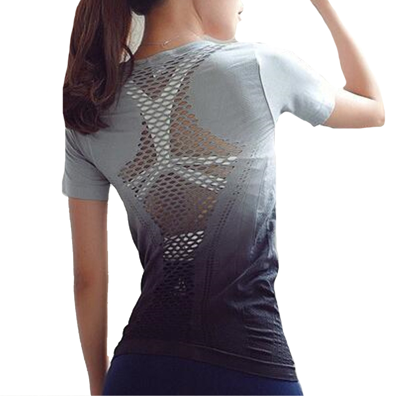 

CKAHSBI Fitness Gradient Yoga Shirt Breathable Sportswear Women Hollow Out Shirt Sport Tops Summer Quick-Dry Gym Running, Q409 black