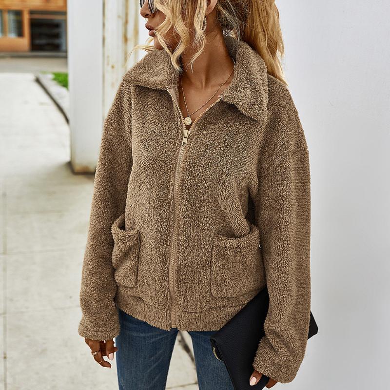 

Women Teddy Jacket Solid Color Plush Fleece Coats Long Sleeves Cardigan Zipper Keep Warm Soft Coat Lapel Outerwear Jackets, Army green