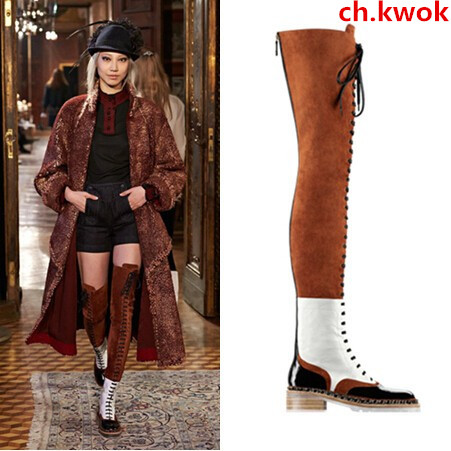 

CH.KWOK Women Runway Long Boot Fall Women's Lace Up Thigh High Boots Brown Black White Low Heel Boots Plus Size 42 Women Booties, As pic