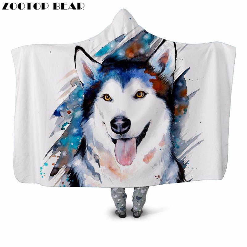 

Lovely Dog Paint 3D Printed Plush Hooded Blanket for Adult Youth Child Warm Wearable Fleece Throw Blanket Home Office Washable
