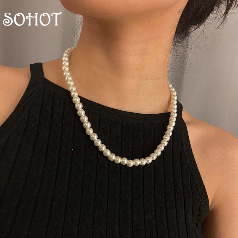 

SOHOT 2020 High Quality Romatic Imitation Round Pearl Women Choker Necklace Chic Charming For Bridal Wedding Jewelry Bijoux