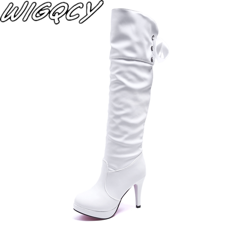 

Fashion Women Boots winter Boots Botas Female Stretch PU Leather Shoes Woman Black White Roma Knee-Length 2020