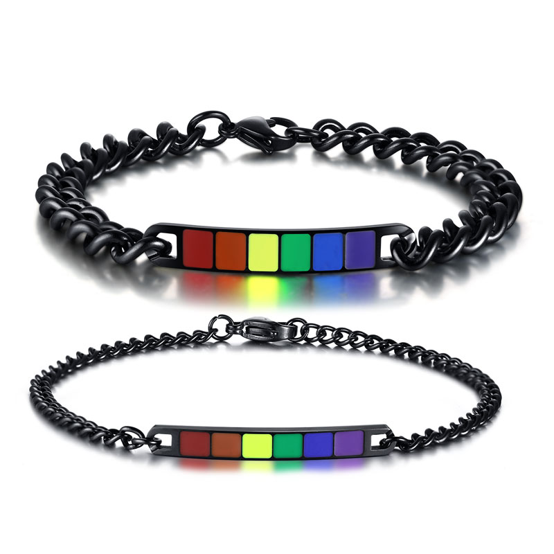 

Couple's Black Bracelet Rainbow Enamel Gay Pride Charm Bracelet in Stainless Steel