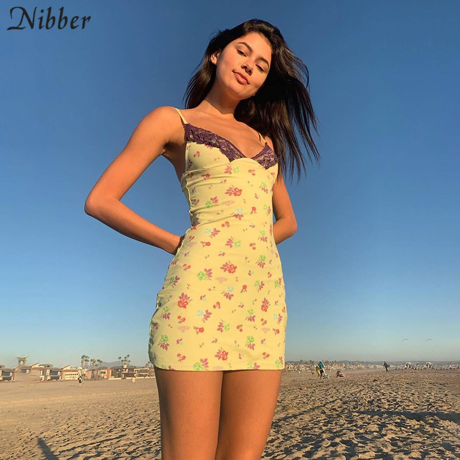 

NIBBER sexy lace V-neck printing Spaghetti Strap dresses camisole party mini bodycon dress sweet elegant style Slim Soft summer, Yellow