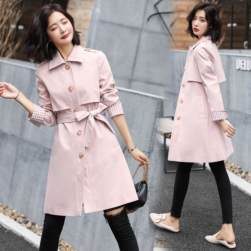 

Autumn Trench Coat Women Fashion Stitching Lattice Windbreaker Women Single-breasted Temperament Lapel Trench Coats Outwear Z852, Pink