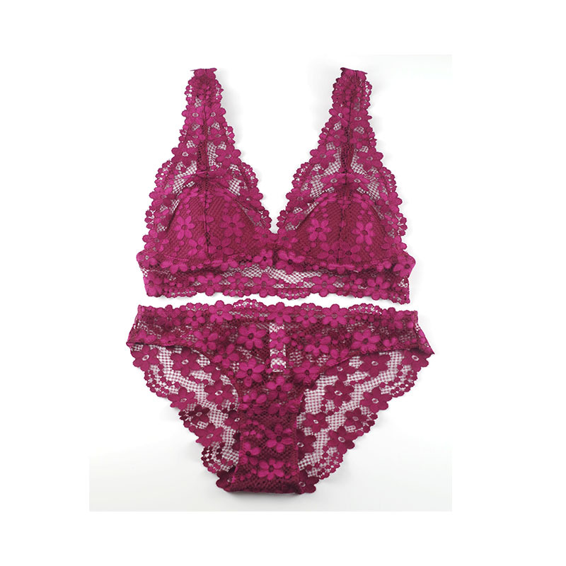 

French Push Up Bra Set Sexy Lace Triangle Cup Ultrathin Lingerie Comfort Wireless Flowers Bralette for Women Underwear Panty Set, Black