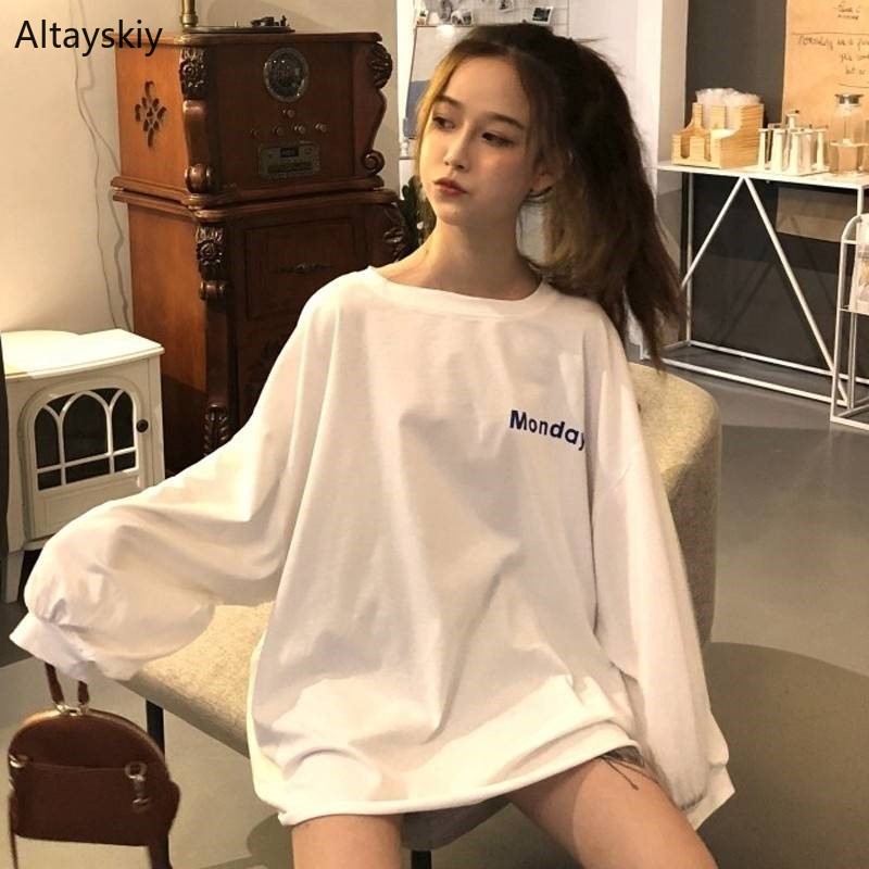 

T-shirts Women Spring Korean Style Loose Harajuku All-match Womens Print O-Neck Full Sleeve Female Leisure Trendy Comfortable, White