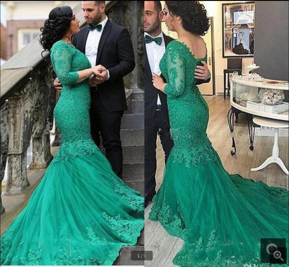 

Vestido de noiva 2020 Mermaid prom Dresses dark green tulle three quarter sleeve modest elegant prom dresses beaded sequins party dresses, Ivory