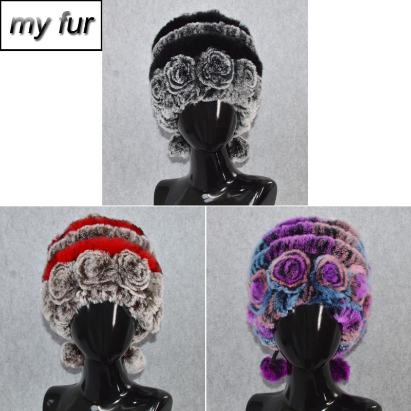 

Flower Winter Women Genuine Rex Fur Hats Knit Cotton Lining Warm Real Rex Fur Caps Real Beanies Hat, Color 14