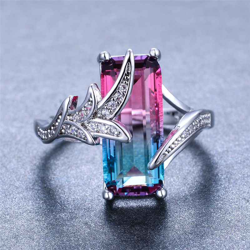 

Vintage Fashion Leaf Shape Rainbow Gradient Zircon Rings For Women Silver Color Jewelry Female Multicolor Luxury Engagement Ring