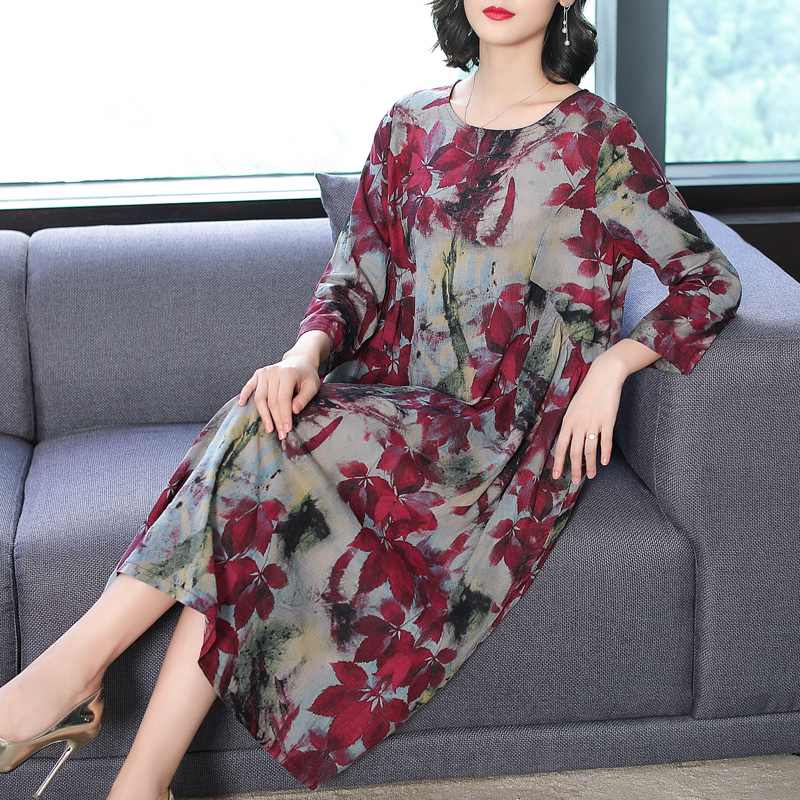 

Spring Fall Vintage Women Loose High Waisted Printed Floral Pattern Linen Dress , Autumn Female Woman Casual 3xl Pleated Dresses, As pic