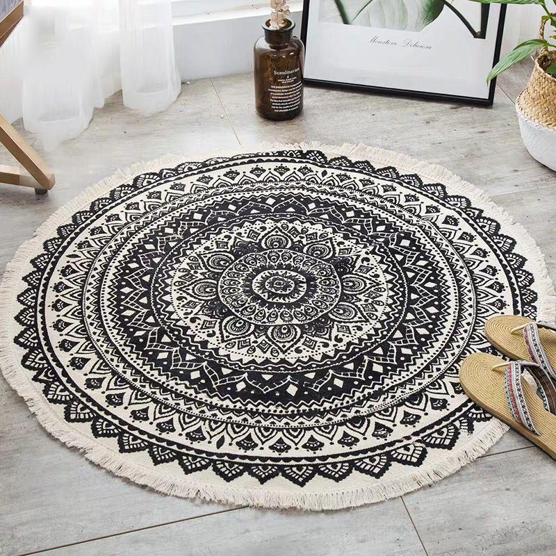 

Nordic Round Carpet Bohemia Ethnic Tassel Rugs Black Mandala Carpet for Living Room Modern Classic Cotton Linen Morocco Carpets, Red