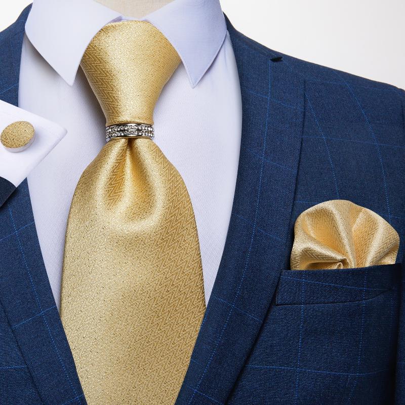 

Bow Ties Formal For Men 100% Silk Jacquard Woven Wedding Party 8cm Yellow Solid Necktie Hanky Cufflinks Ring Set DiBanGu