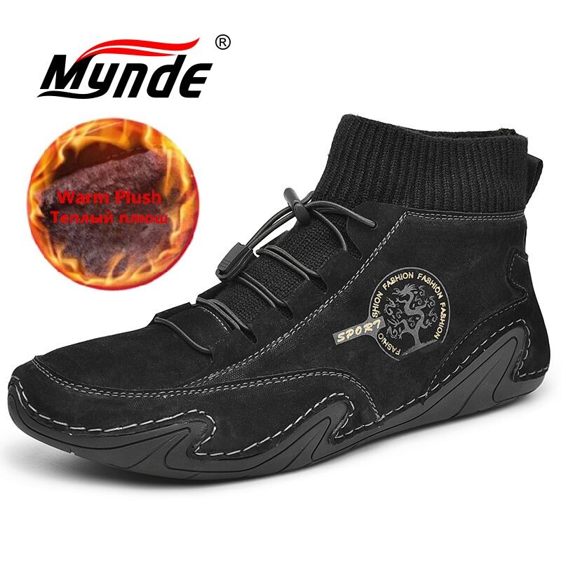 

Brand Winter Warm Men Snow Boots High Quality Cow Suede Men's Boots Plush Man Ankle Handmade Autumn Men Work Shoes Size 48, No fur beige