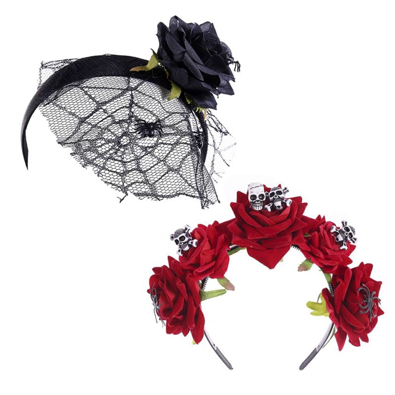 

Halloween Day of the Dead Headband Velvet Rose Flower Skull Spider Hair Hoop