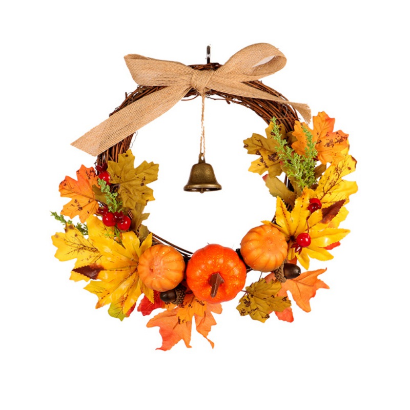 

Artificial Pumpkin Wreath With Bell Autumns Harvest Thanksgiving Day Decoration Garland Front Door Wall Hanging New