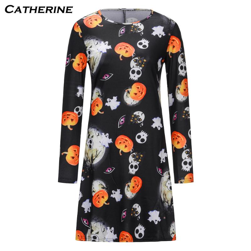 

Women Pumpkin Party Print Dress Halloween Long Sleeve O Neck Vintage Casual Mini Dresses Vestidos De Mujer Para Verano, Black