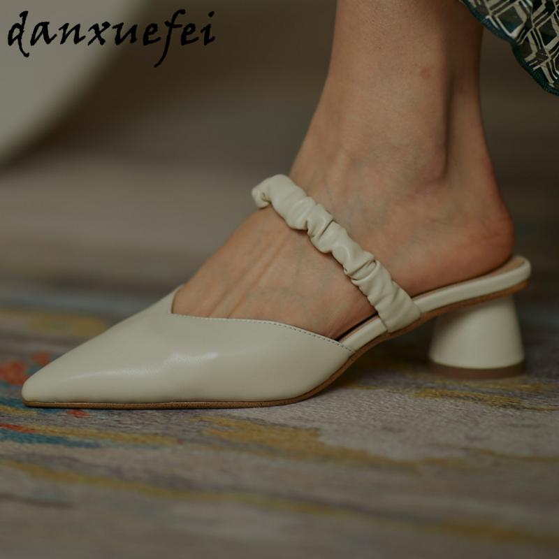 

Women's genuine leather pleated elastic band slip-on sandals med heel comfortable pumps pointed toe elegant ladies dress shoes, Beige