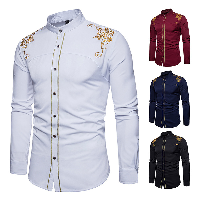 

New fashion men' clothing European and American medieval retro king womb embroidered long-sleeved shirt gentleman suit shirt, Brown