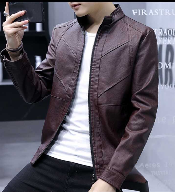 

Leather men's casual basic jacket Slim handsome youth spring and autumn motorcycle jacket, Burgundy